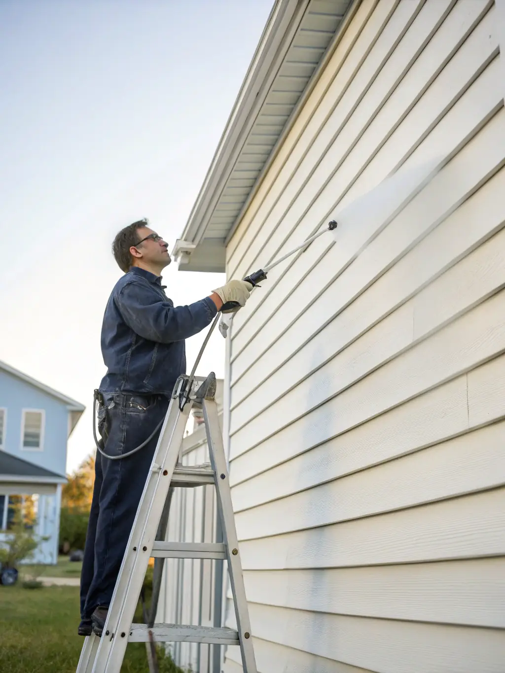 A two-story home with vinyl siding being gently washed by a technician using a soft-wash system, surrounded by green landscaping and clear blue skies.