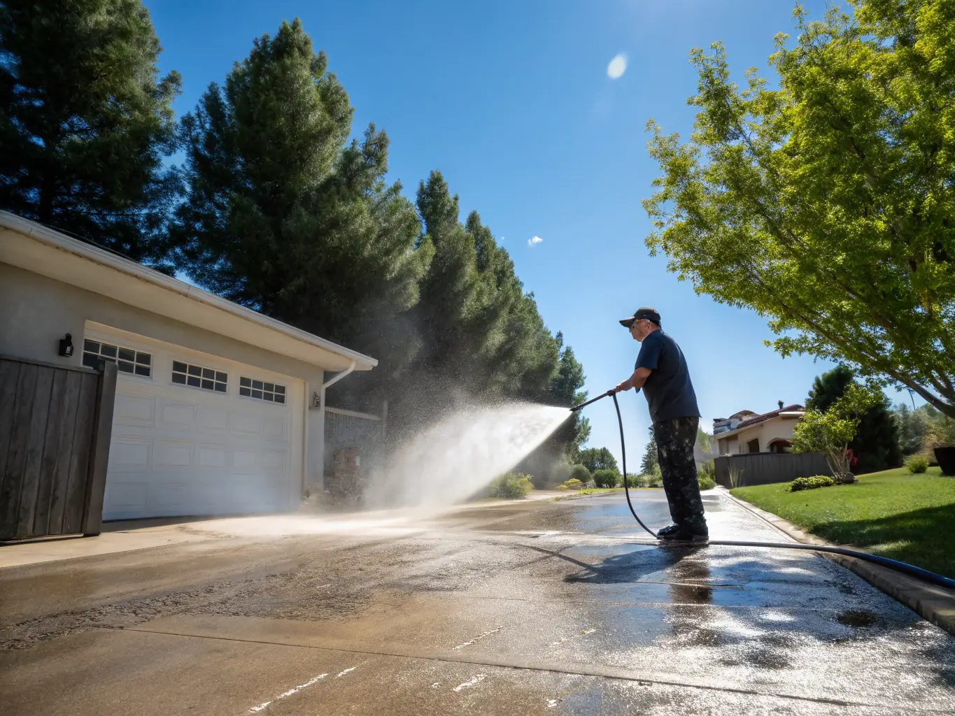 A professional technician using a high-powered pressure washer on a residential driveway, with water spray and a visibly clean surface, representing Sparkle Exteriors' pressure washing service in action.