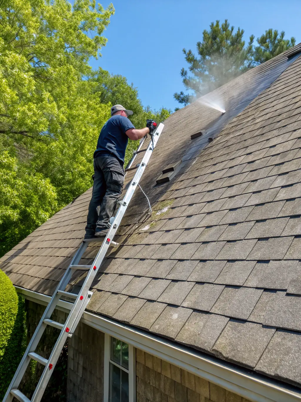 A close-up of a shingle roof being cleaned with low-pressure washing, showing the removal of moss and algae, with a technician in safety gear.