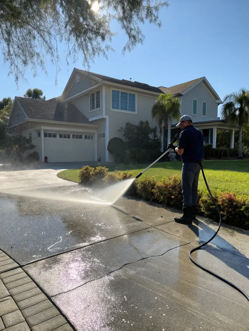 A professional technician using a commercial-grade pressure washer to clean a concrete driveway, with visible removal of dirt and grime, in a suburban Williamson County neighborhood.