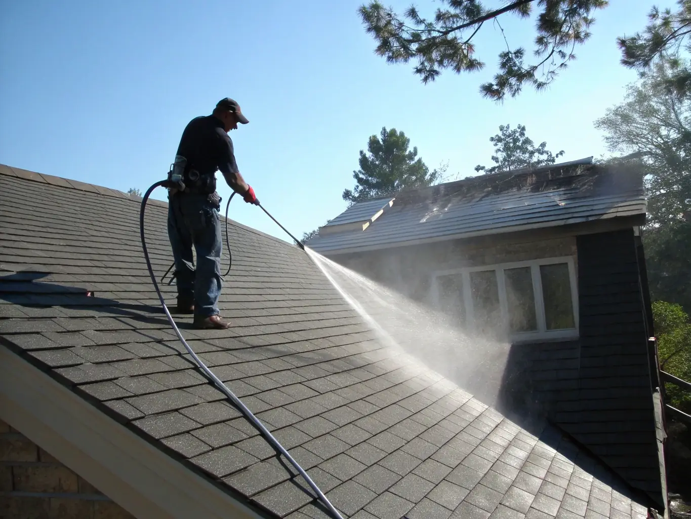 A technician using low-pressure washing on a residential roof, with clean shingles and visible removal of moss and algae, demonstrating Sparkle Exteriors' roof washing service.