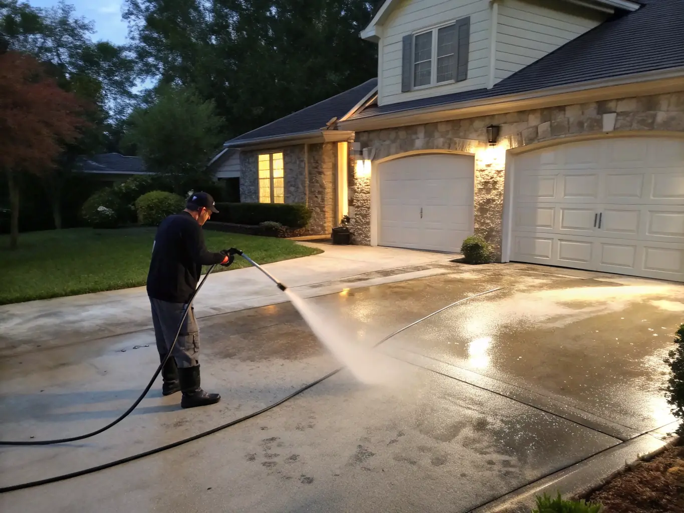 A clean, bright house with a technician gently washing the siding, showing a dramatic before-and-after effect, ideal for illustrating Sparkle Exteriors' house washing expertise.